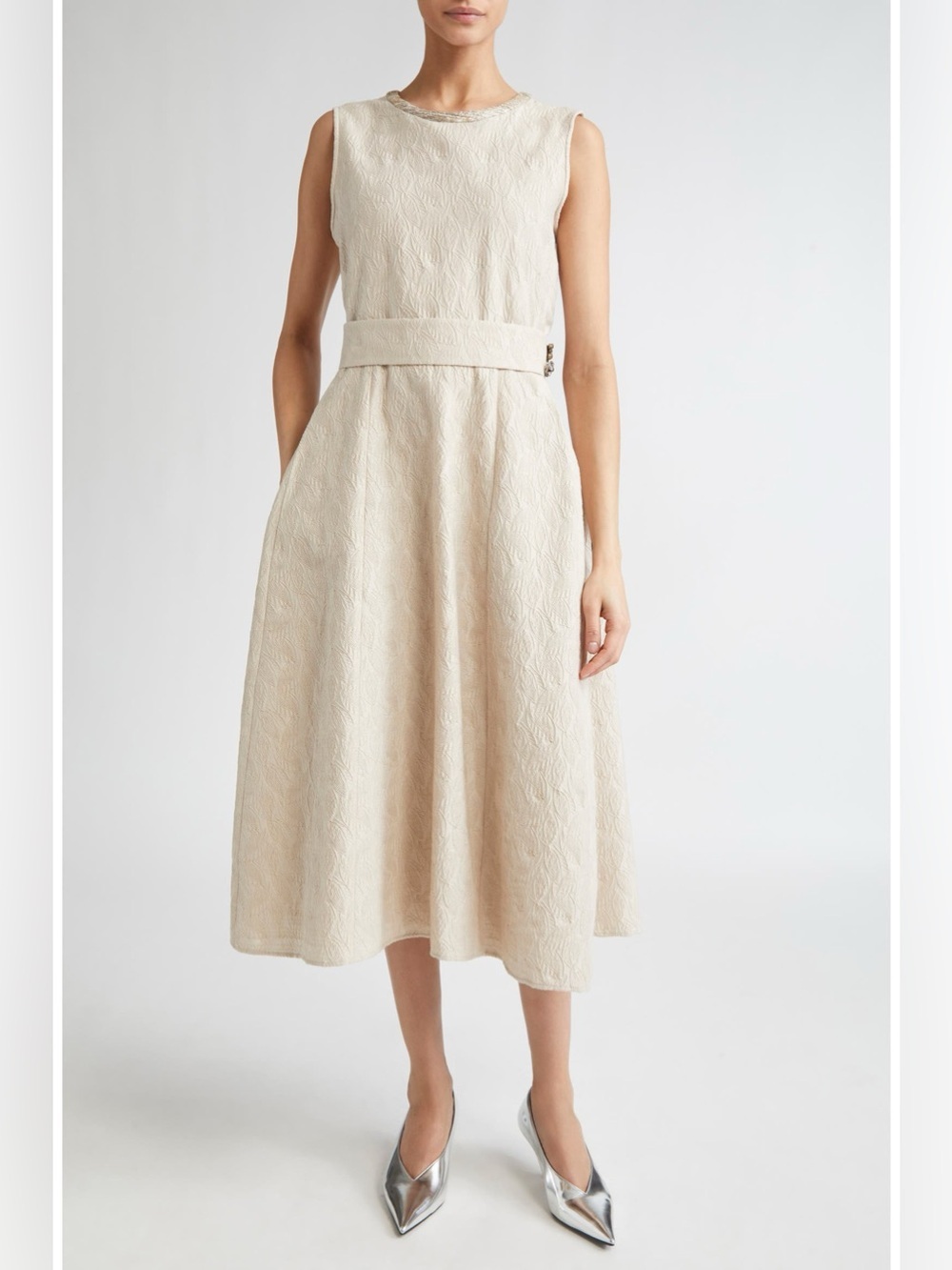 Max Mara Carmen Leaf Jacquard Belted Midi Dress Ecru Sz 8